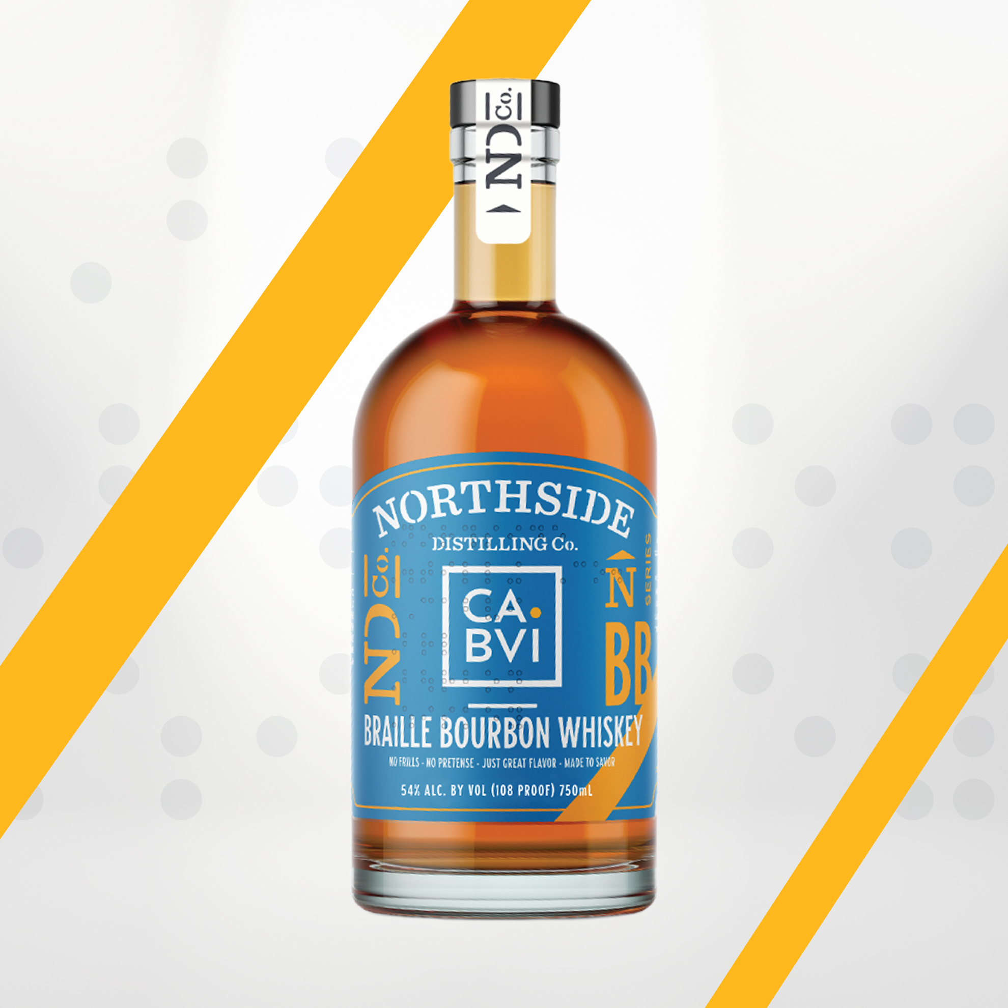 Bottle has blue and gold label and reads CABVI Northside Distilling Co. Braille Bourbon Whiskey