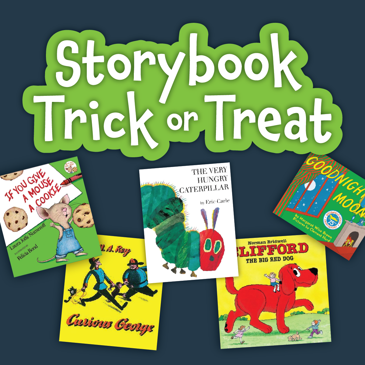 Storybook Trick or Treat text with covers of various children's books