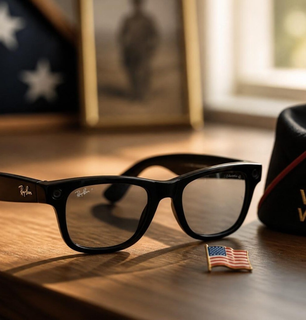 Meta ai glasses sitting on a desk or table with a veteran hat